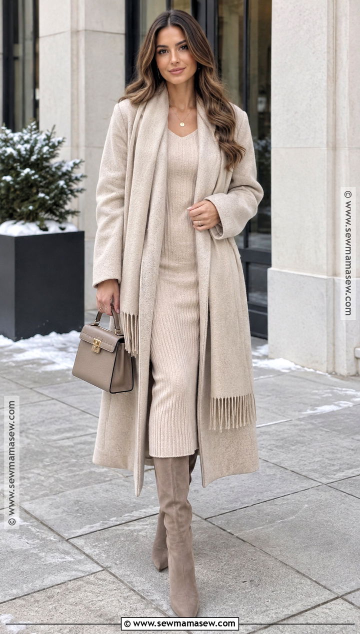 Scarf Coat and Knit Dress Outfit - 15 trend fall winter 2026 outfits