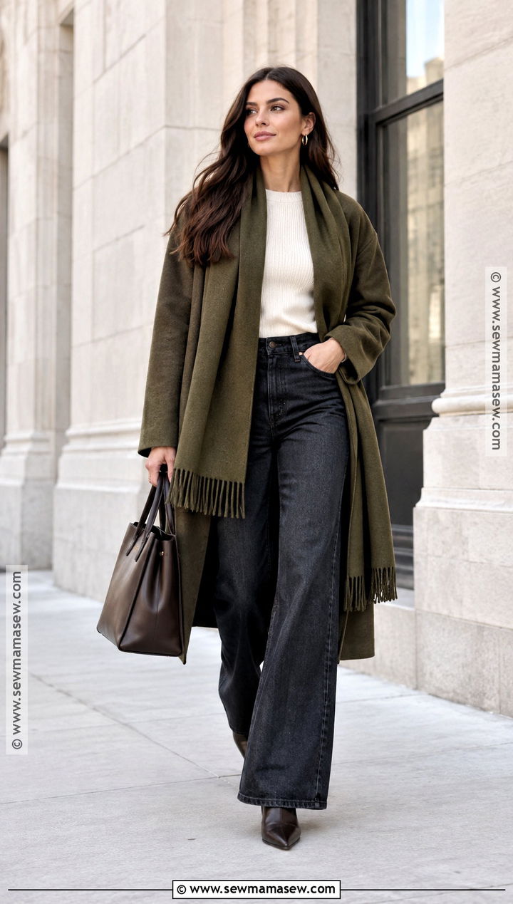Scarf Coat and Wide Leg Jeans Fall Outfit - 15 cute fall and christmas outfits