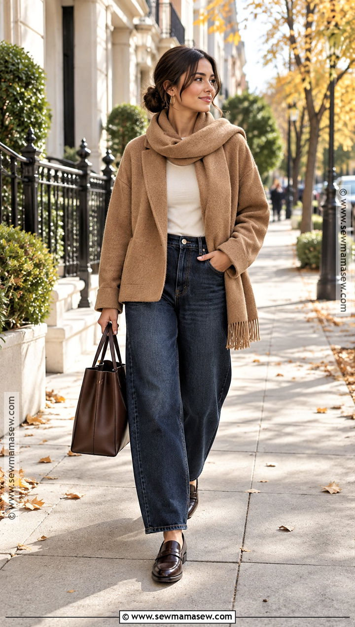 Scarf Jacket And Barrel Jeans Fall Outfit - 20 fall cool girl outfits