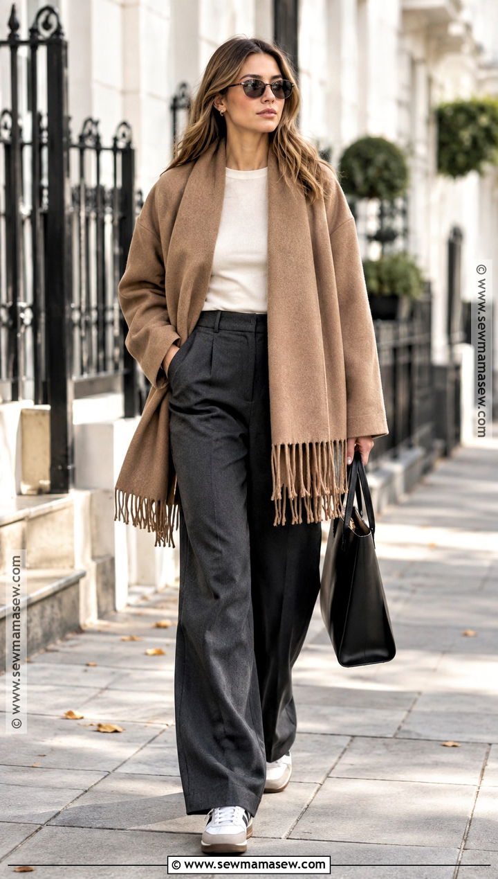 Scarf Jacket And Wide Leg Trousers Streetwear Outfit - 20 streetwear autumn outfits