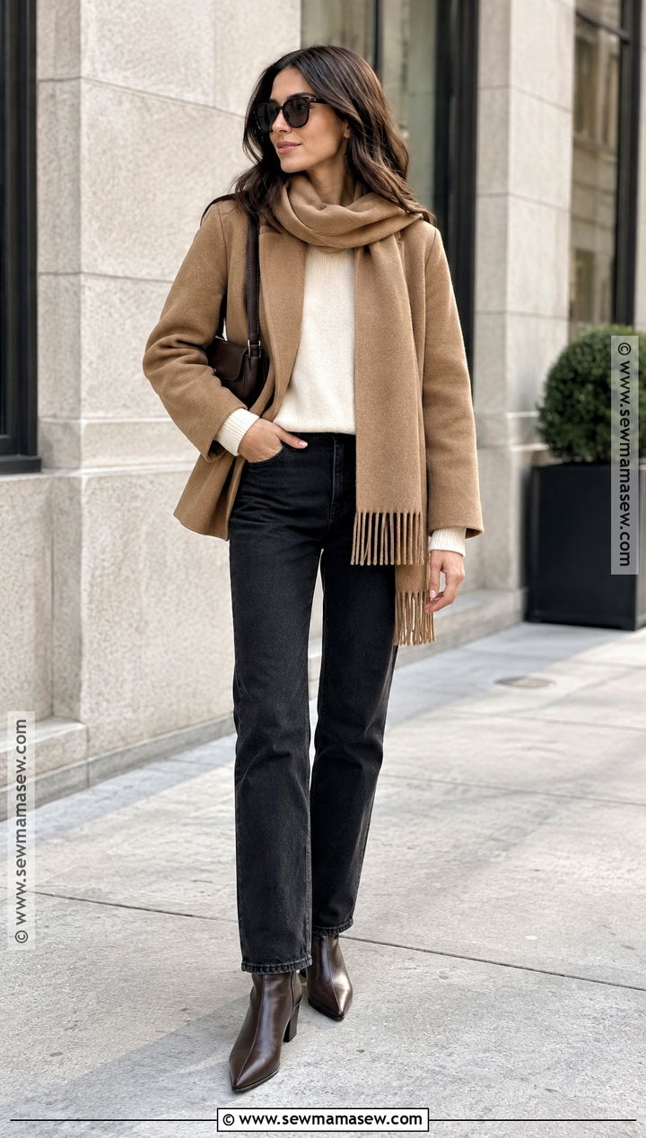 Scarf Jacket Autumn Outfit With Straight Jeans - 20 autumn clothes for women