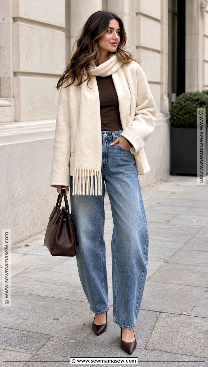 Scarf Jacket and Barrel Jeans Fall Outfit - 20 Cute Easy Fall Outfits