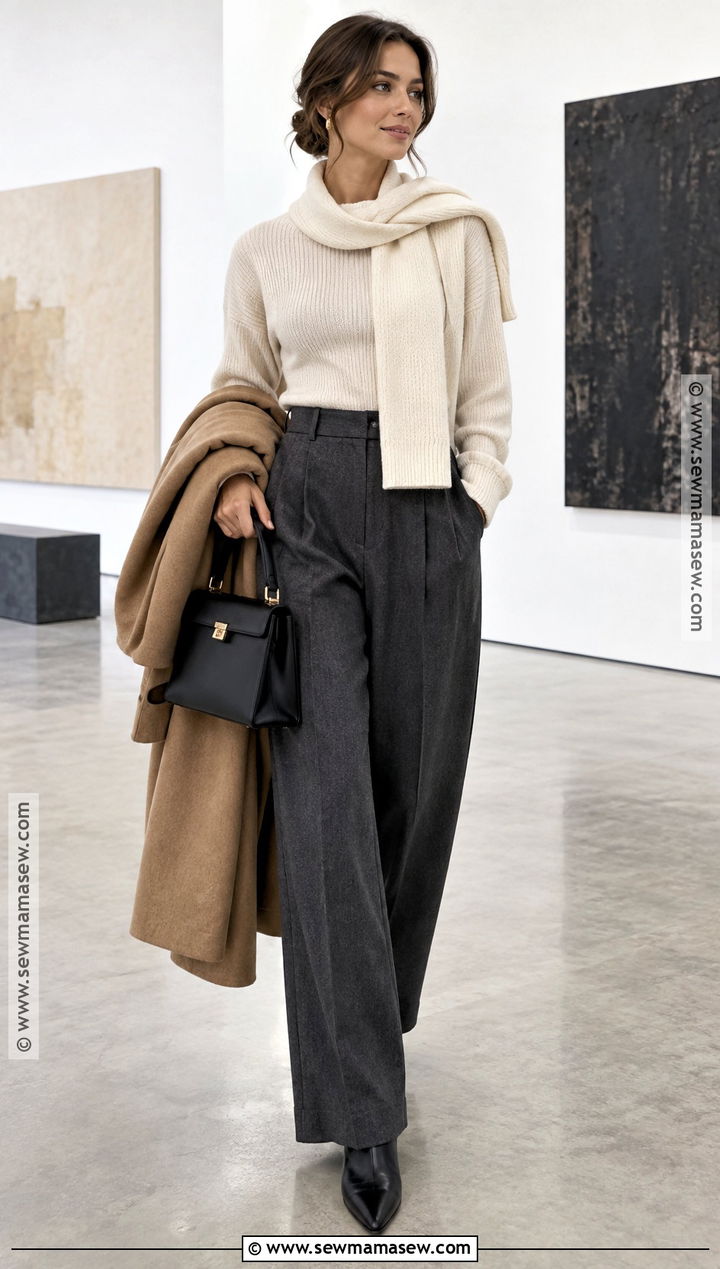 Scarf Sweater and Tailored Trousers Fall Outfit - 15 fall layering outfits 2026
