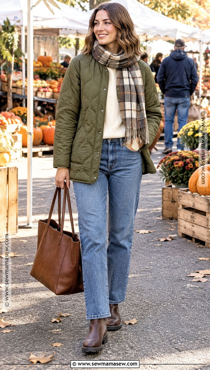 Scarf With Quilted Jacket And Relaxed Jeans - 25 fall scarf outfit ideas