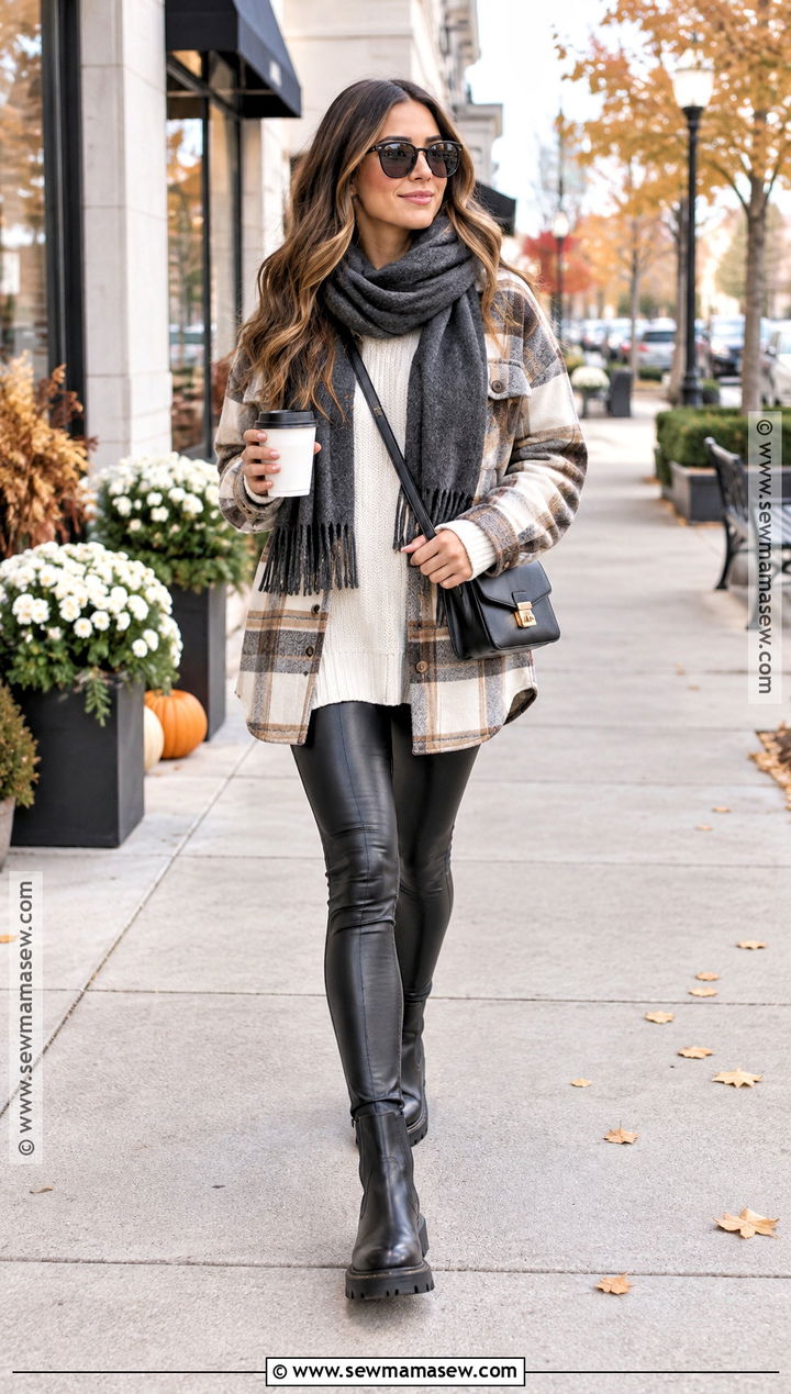 Scarf With Shacket And Faux Leather Leggings - 25 fall scarf outfit ideas