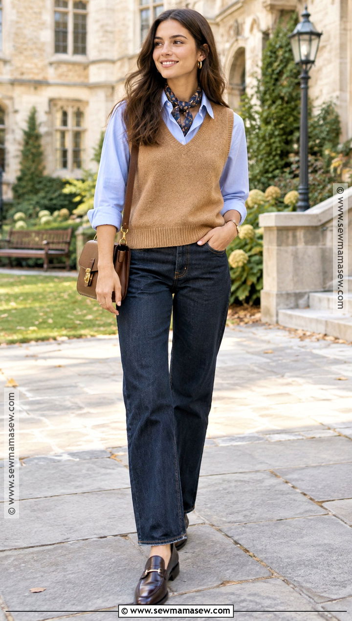Scarf With Sweater Vest and Button Down Shirt - 20 Fall Outfits Scarf