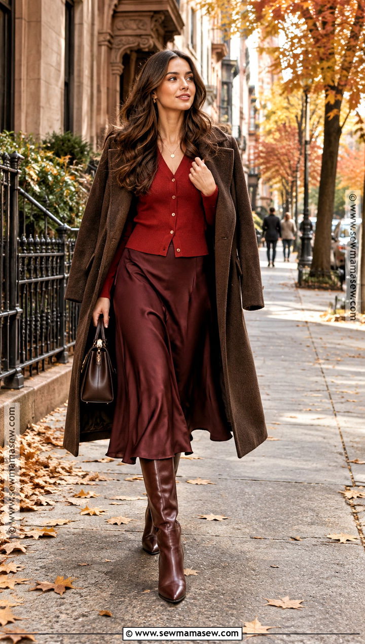 Scarlet Red And Burgundy Skirt Outfit - 15 Autumn Fashion Color Inspiration Ideas