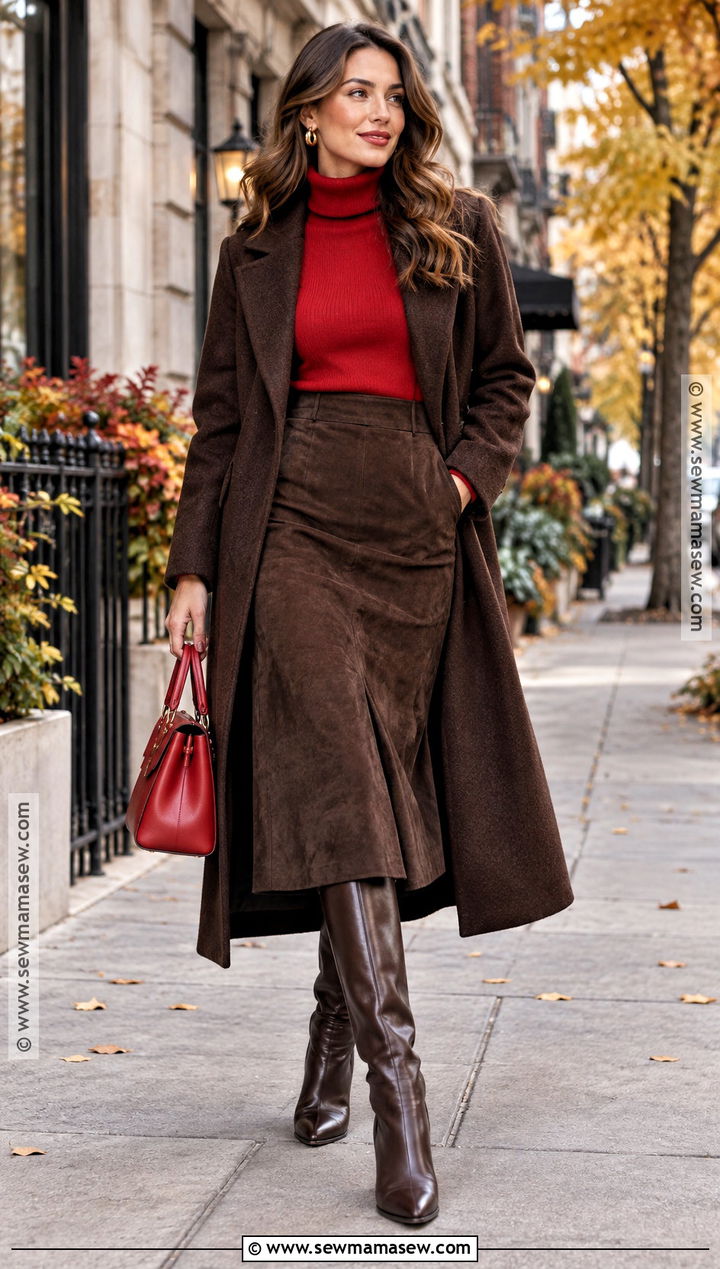 Scarlet Red And Chocolate Brown Outfit - 15 Fashion Color Trend Fall Winter Ideas 2026
