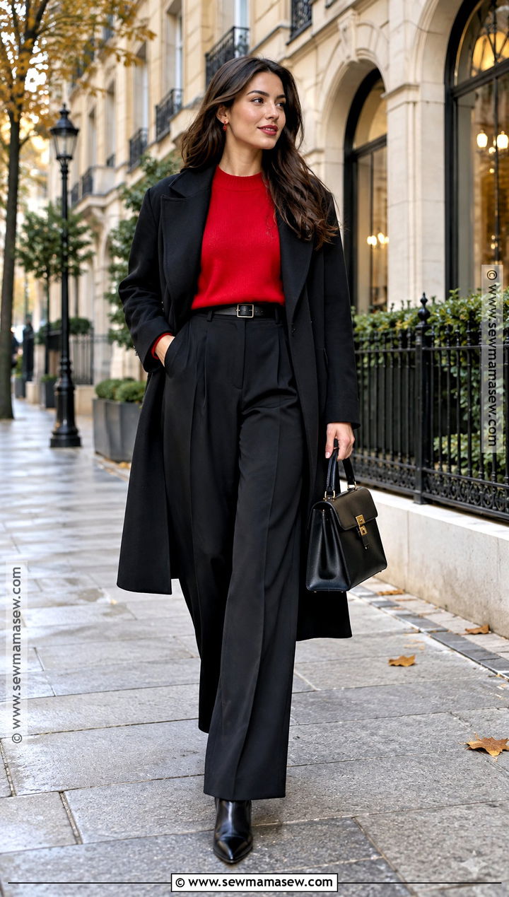Scarlet Red Sweater And Black Trousers Outfit - 15 fashion colors fall winter ideas 2026
