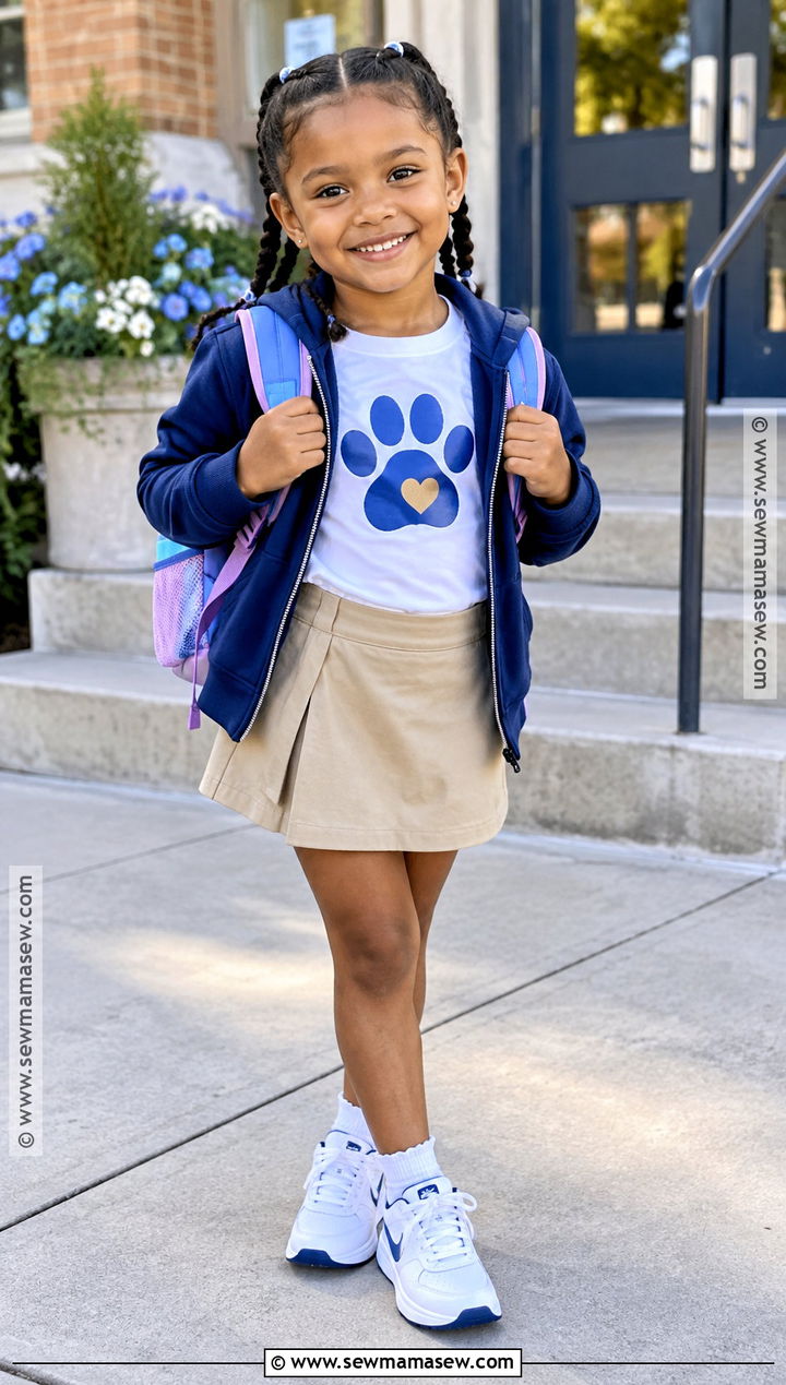 School Spirit Shirt With Khaki Skort And Sneakers - 20 Back To School Outfits Kindergarten for Girls