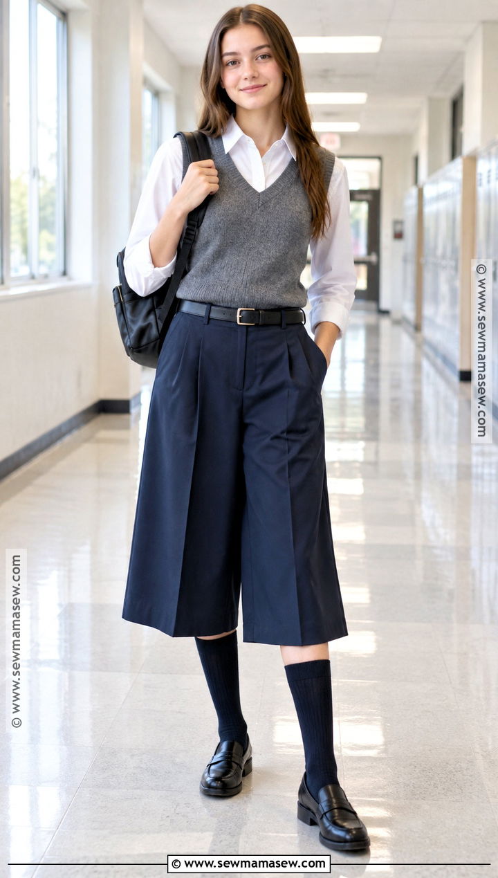 School Uniform Culottes With Button Down Shirt - 20 Autumn School Uniform Ideas