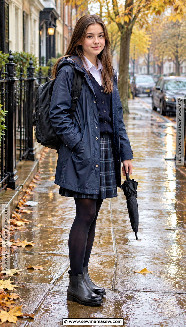 School Uniform Skirt With Raincoat And Boots - 20 Autumn School Uniform Ideas
