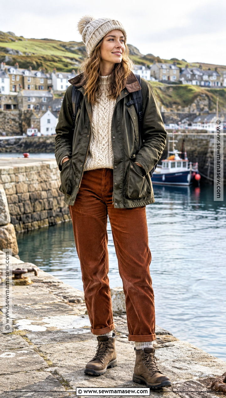 Scotland Coastal Walk Outfit With Waxed Jacket And Corduroy Pants - 15 scotland travel outfits october