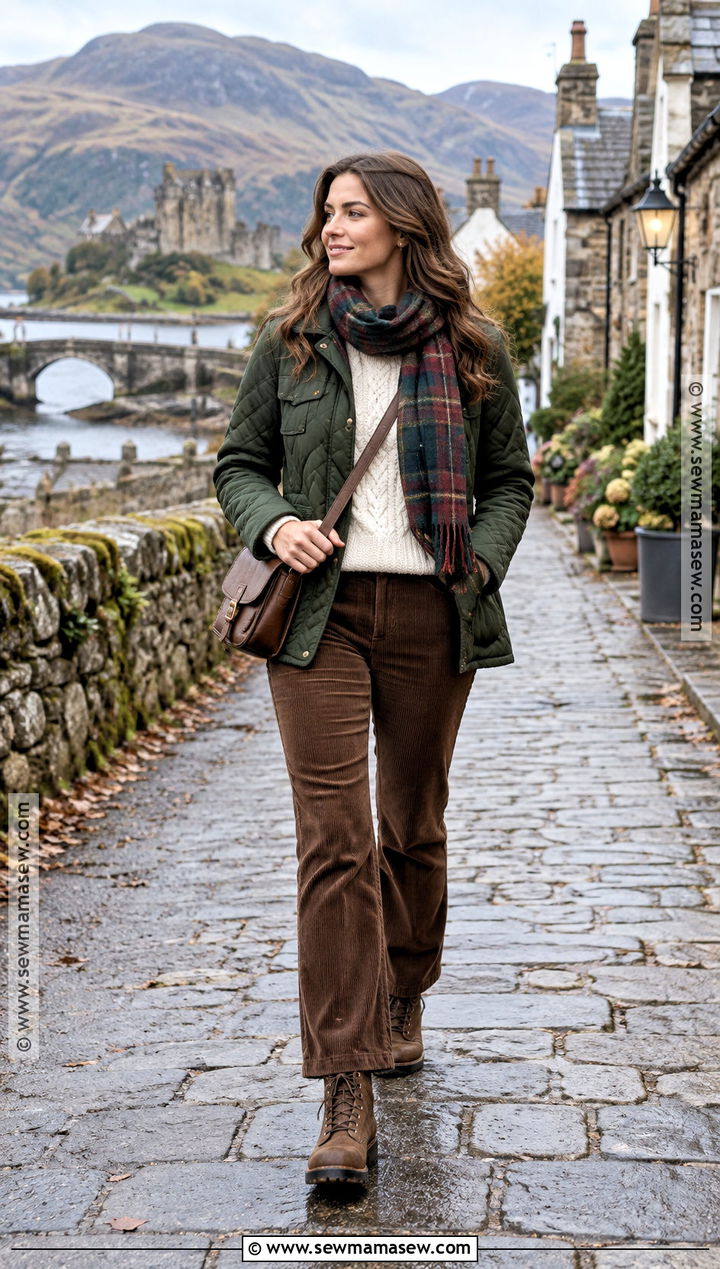 Scotland Fall Outfit With Quilted Jacket and Corduroy Pants - 20 scotland outfit fall ideas