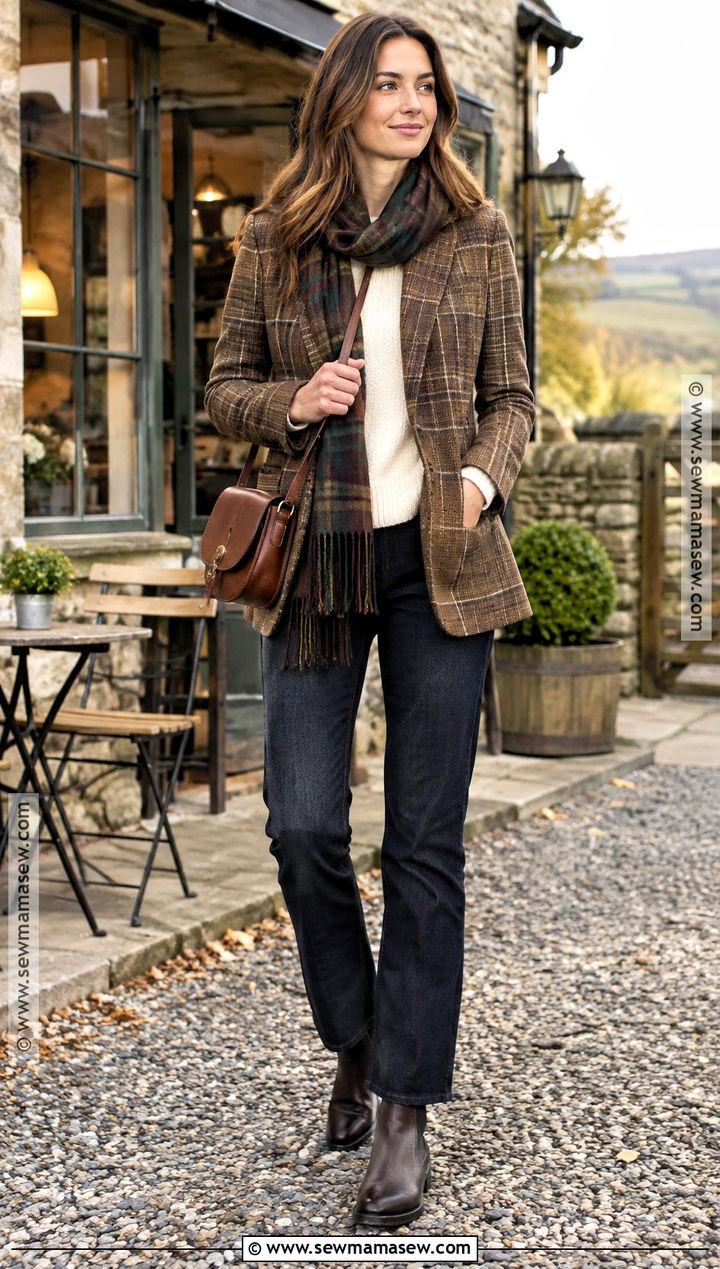 Scotland Fall Outfit With Tweed Blazer and Jeans - 20 scotland outfit fall ideas