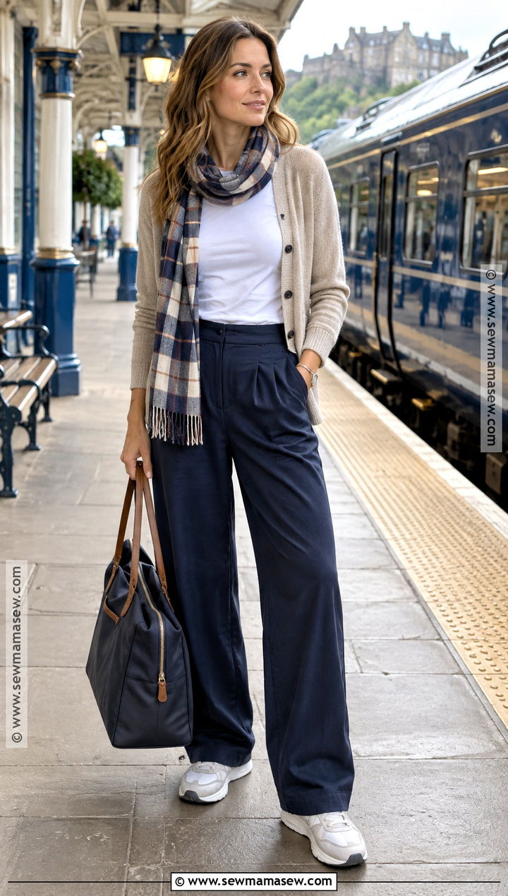 Scotland Train Travel Outfit With Cardigan And Wide Leg Pants - 15 scotland travel outfits october