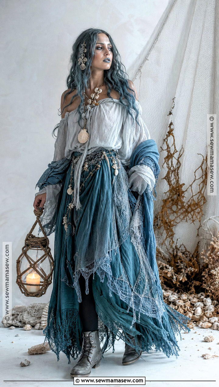 Sea Ghost Costume With Tattered Blue Skirt - 35 scary halloween costume ideas for women