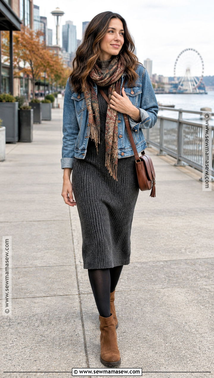 Seattle Fall Denim Jacket And Knit Dress Outfit - 15 outfits for seattle fall