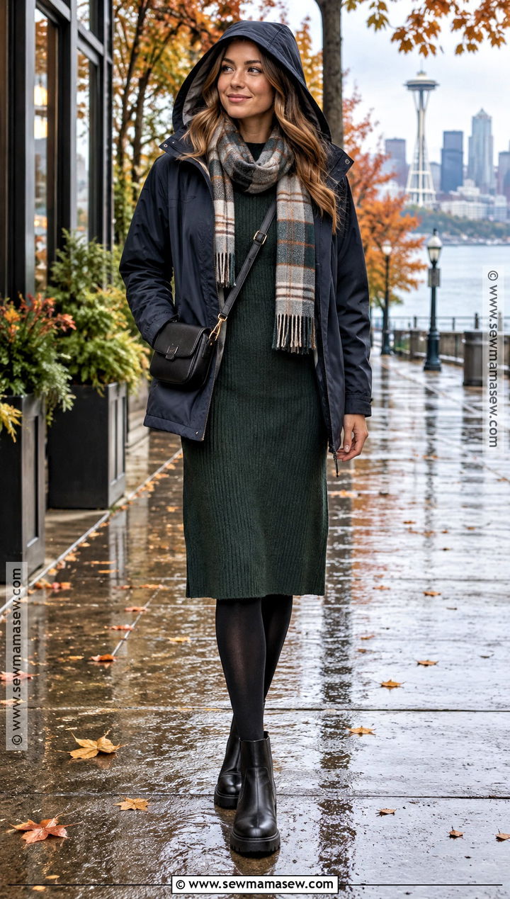 Seattle Fall Rain Shell And Sweater Dress Outfit - 15 outfits for seattle fall