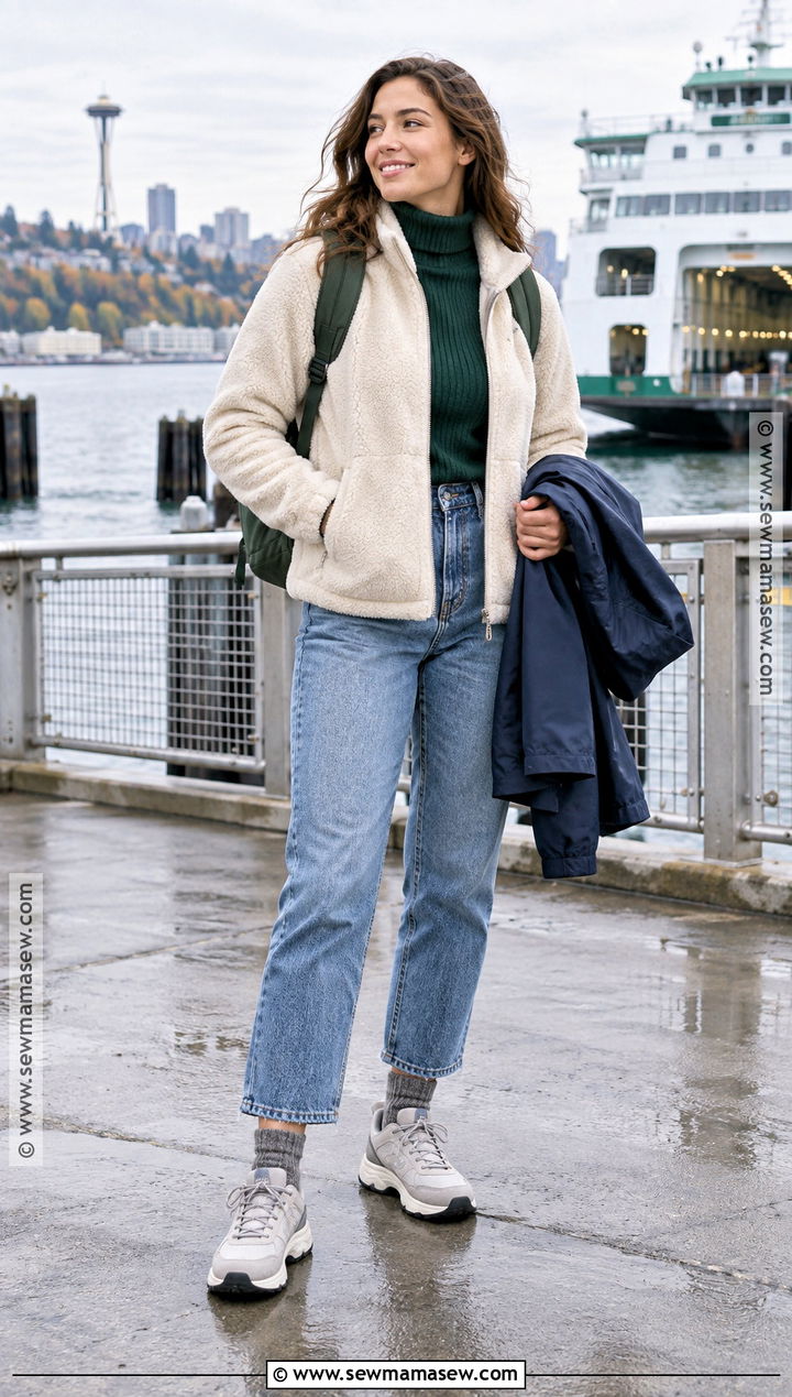 Seattle Fleece Jacket Outfit With Relaxed Jeans - 15 Seattle Washington Outfits Fall