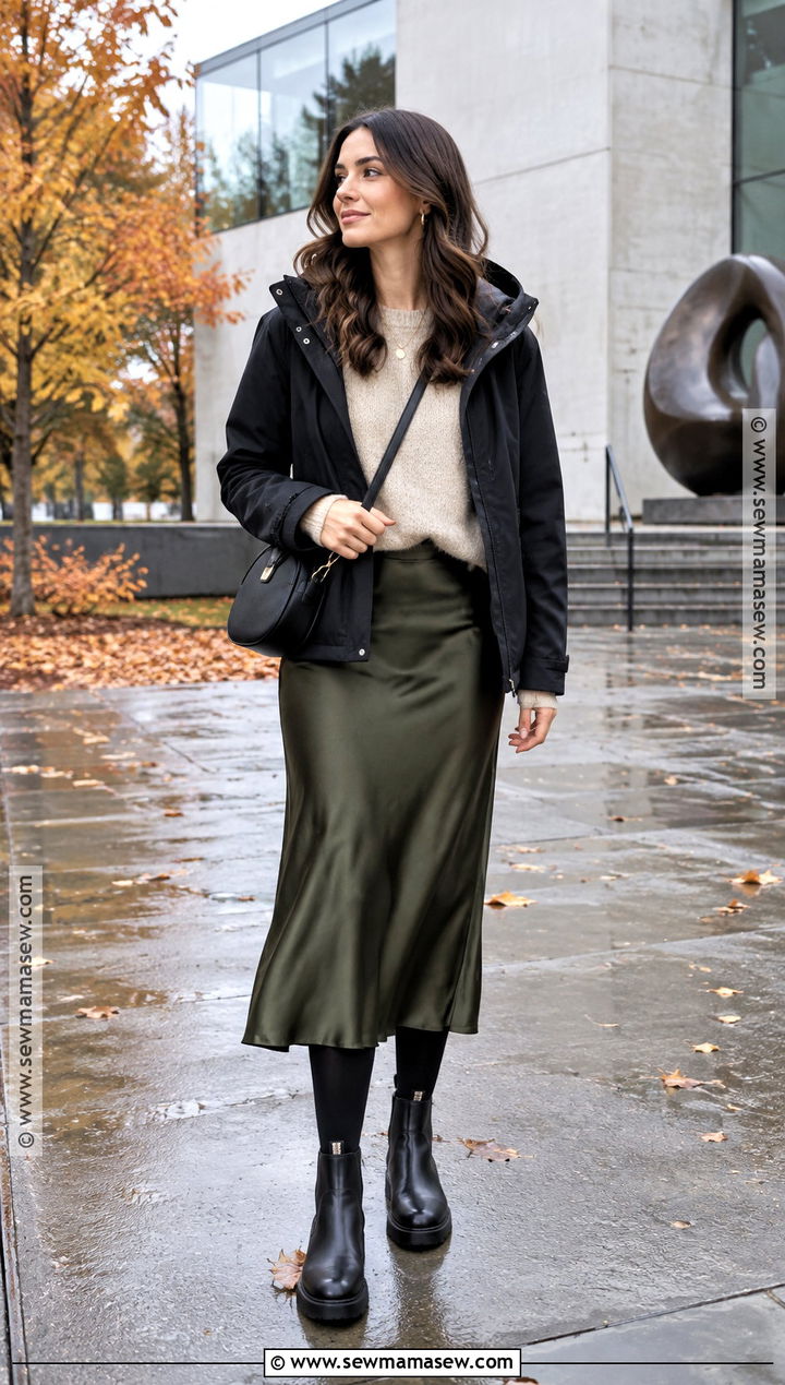 Seattle Midi Skirt Outfit With Waterproof Boots - 15 Seattle Washington Outfits Fall