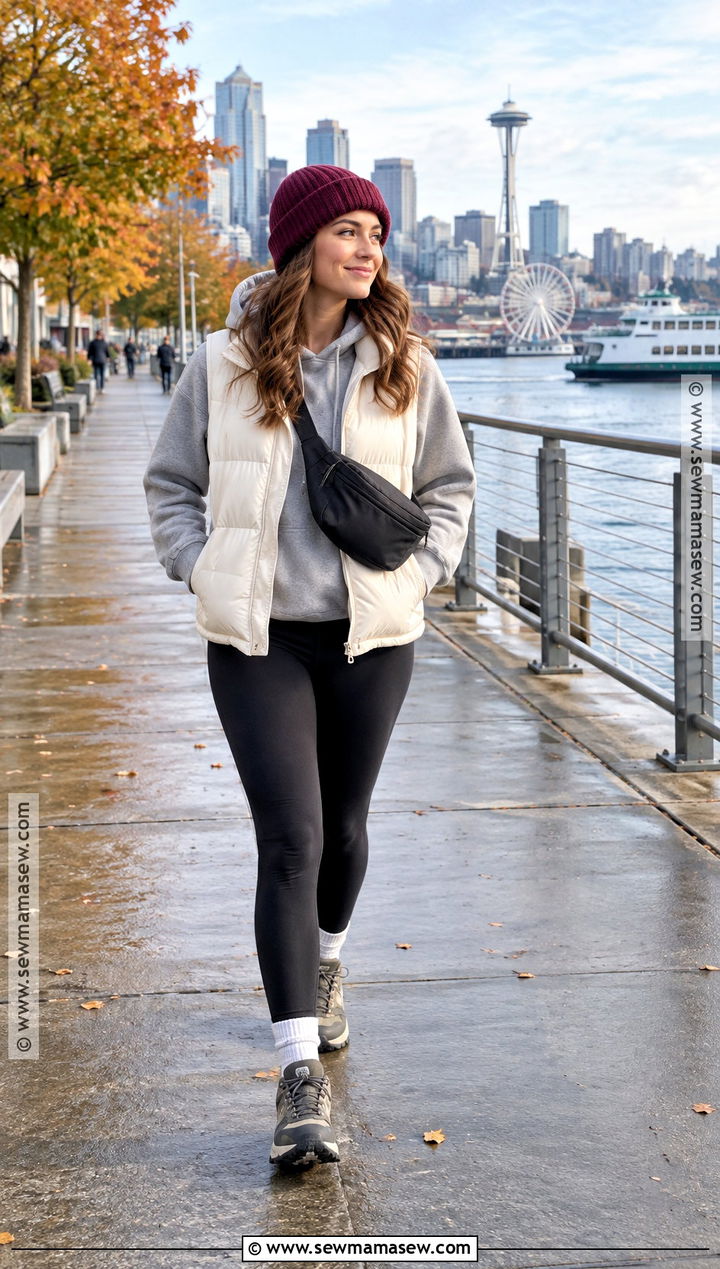Seattle Puffer Vest Outfit With Leggings - 15 Seattle Washington Outfits Fall