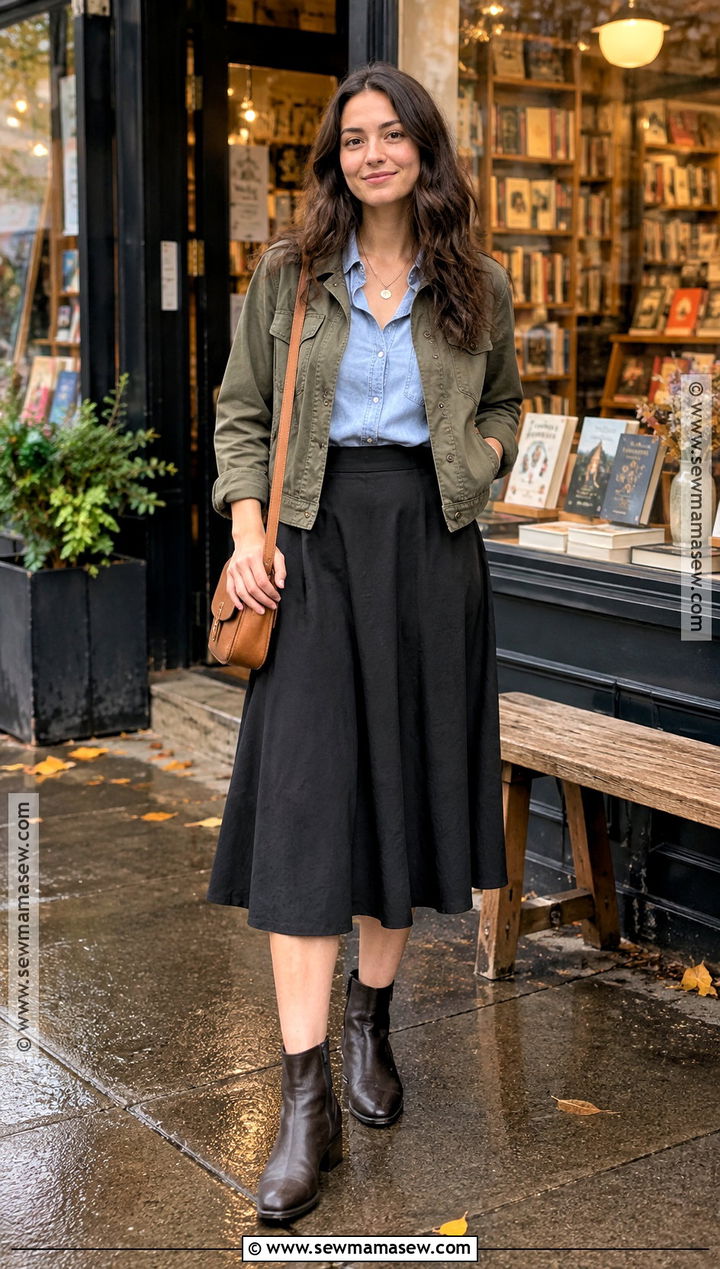 Seattle September Denim Shirt And Midi Skirt Outfit - 15 Seattle In September Outfits