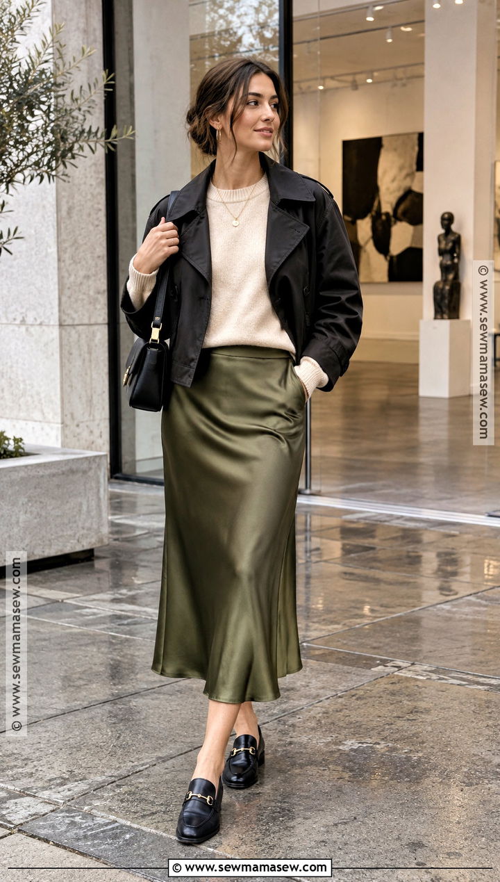 Seattle September Sweater And Satin Midi Skirt Outfit - 15 Seattle In September Outfits