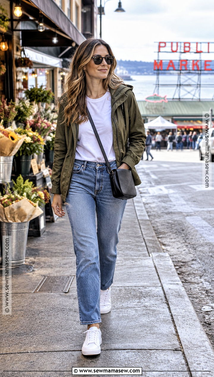 Seattle September T Shirt And Straight Leg Jeans Outfit - 15 Seattle In September Outfits