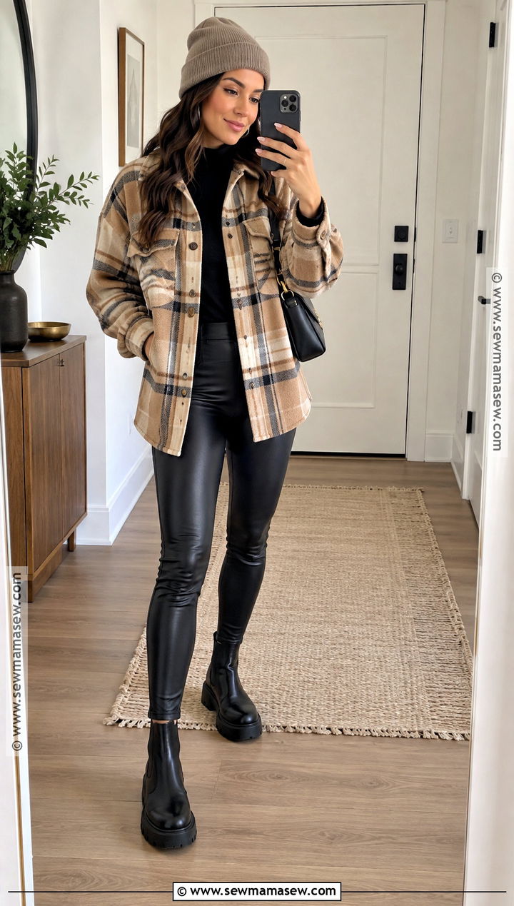Seattle Shacket Outfit With Faux Leather Leggings - 15 Seattle Washington Outfits Fall