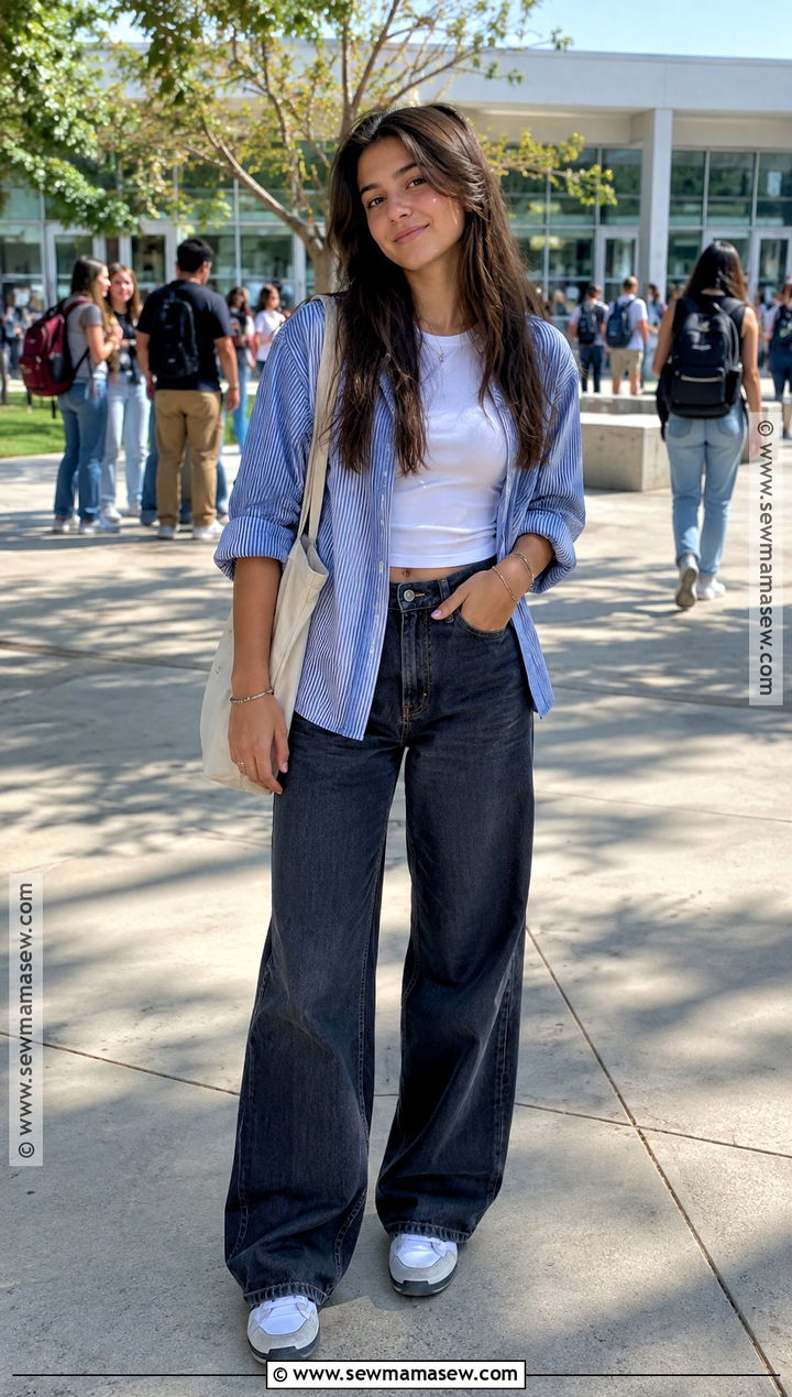 Senior Outfit With Button Down Shirt And Wide Leg Jeans - 20 senior back to school outfits