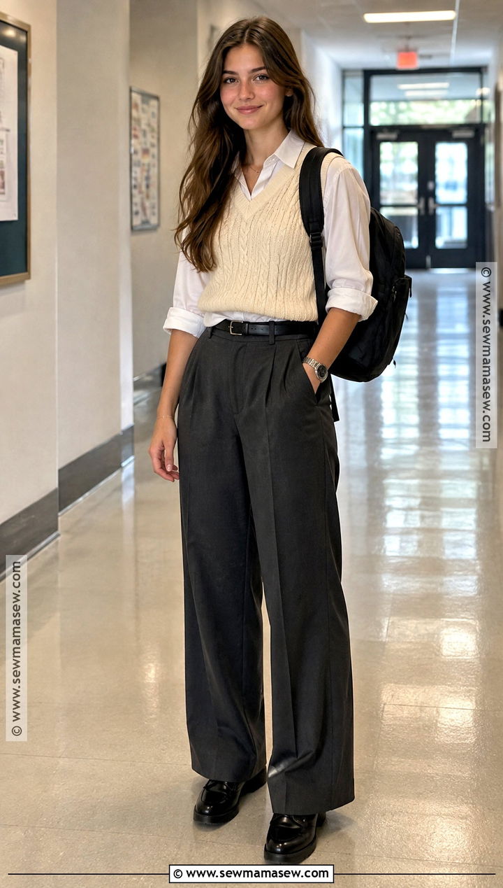 Senior Outfit With Sweater Vest And Tailored Pants - 20 senior back to school outfits