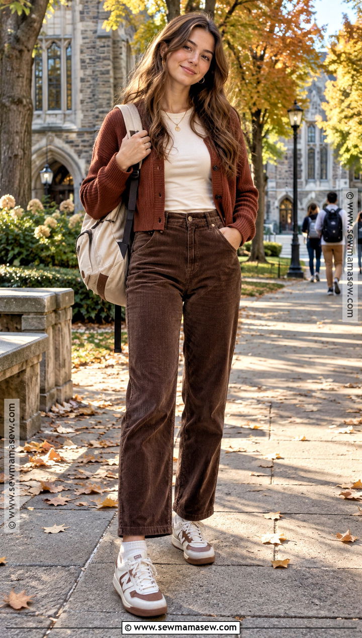 Senior Year Corduroy Pants And Cropped Cardigan Outfit - 20 Senior Year Back To School Outfit Ideas