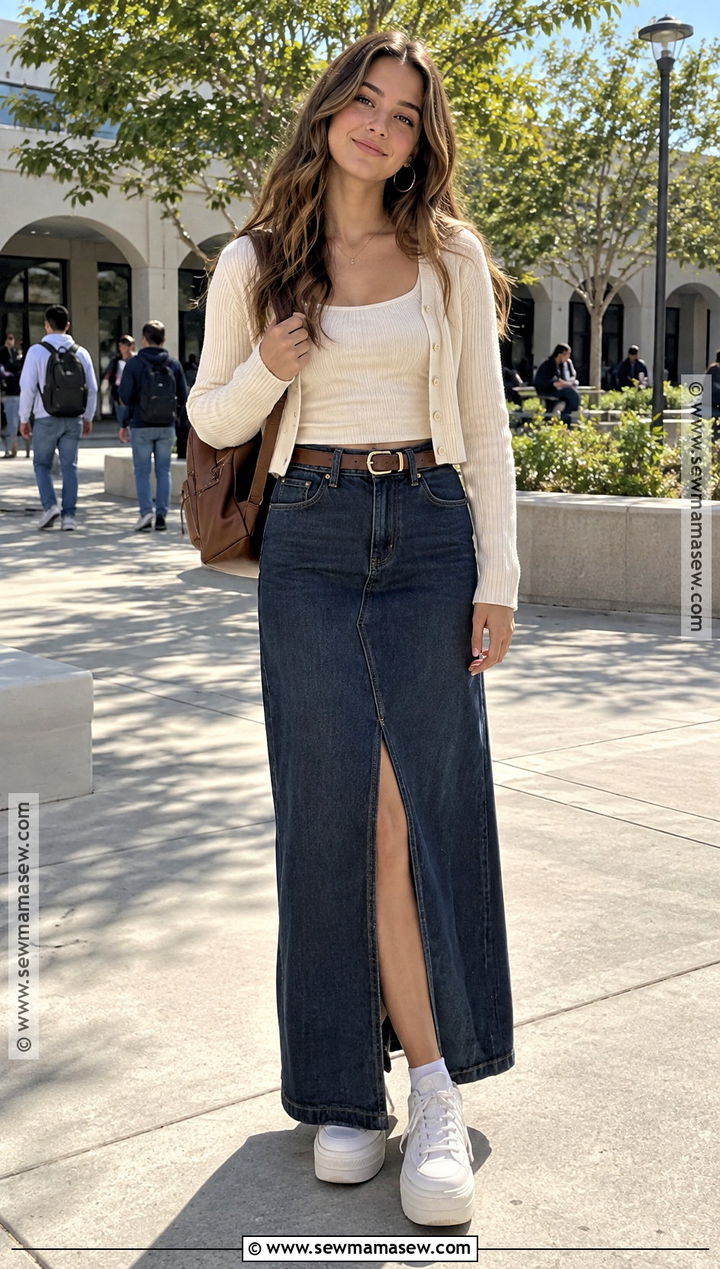Senior Year Denim Maxi Skirt And Ribbed Top Outfit - 20 Senior Year Back To School Outfit Ideas