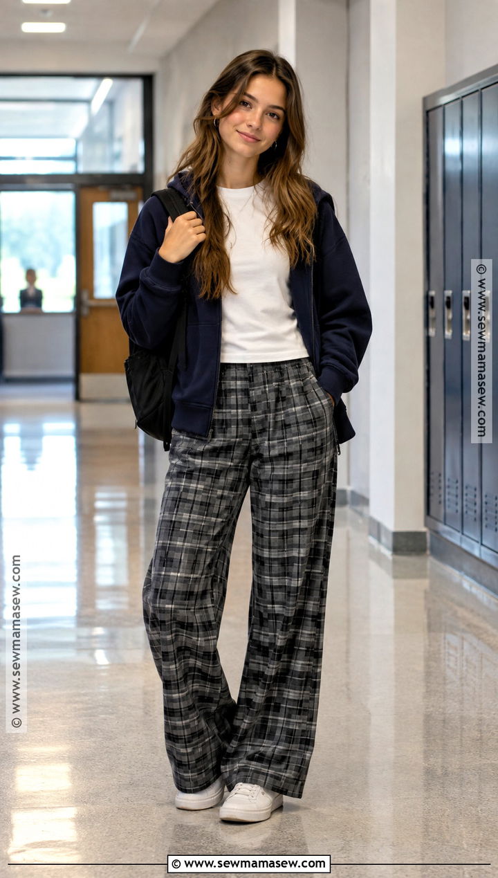 Senior Year Hoodie And Plaid Pants Outfit - 20 Senior Year Back To School Outfit Ideas