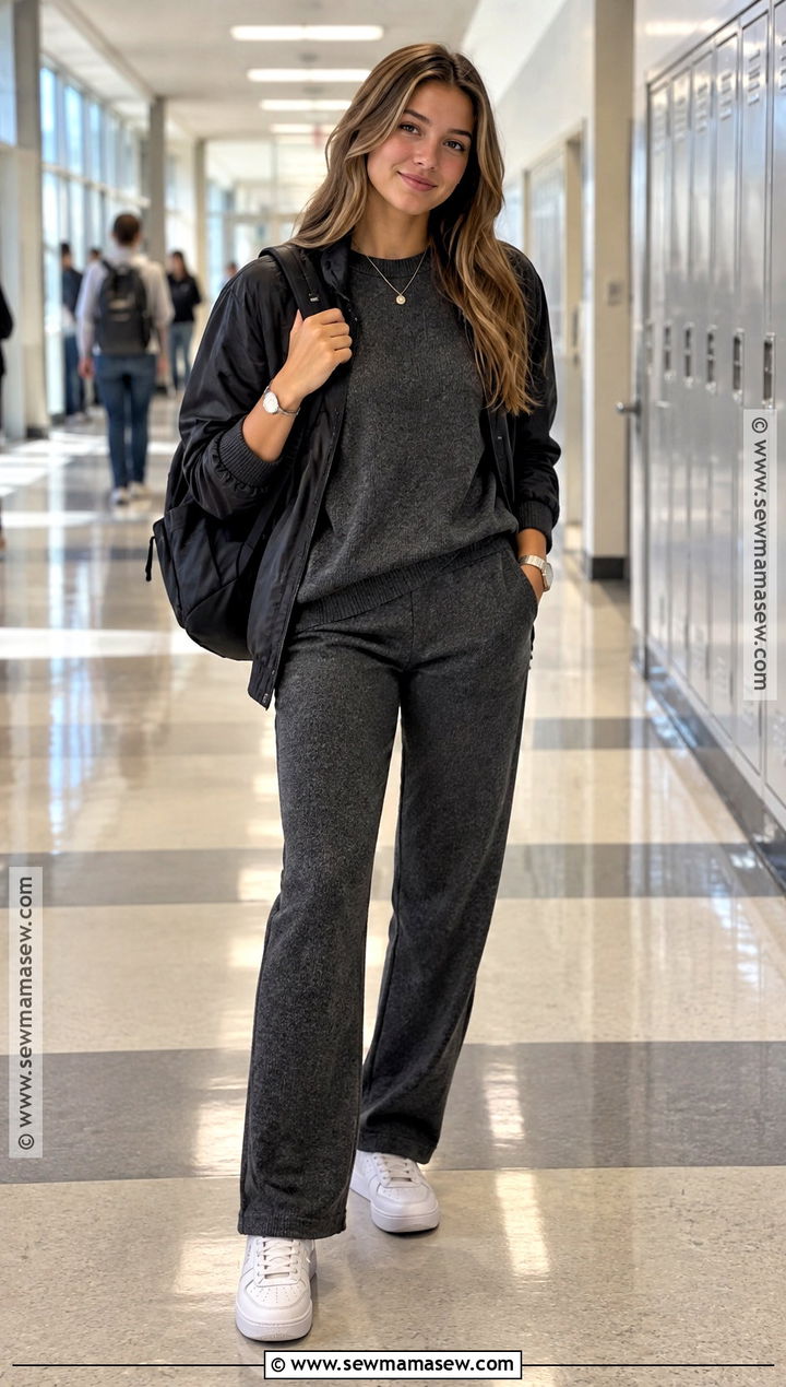 Senior Year Matching Knit Set And Sneakers Outfit - 20 Senior Year Back To School Outfit Ideas