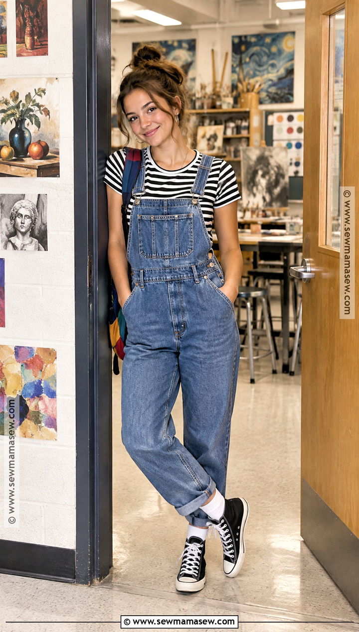 Senior Year Overalls And Striped T Shirt Outfit - 20 Senior Year Back To School Outfit Ideas