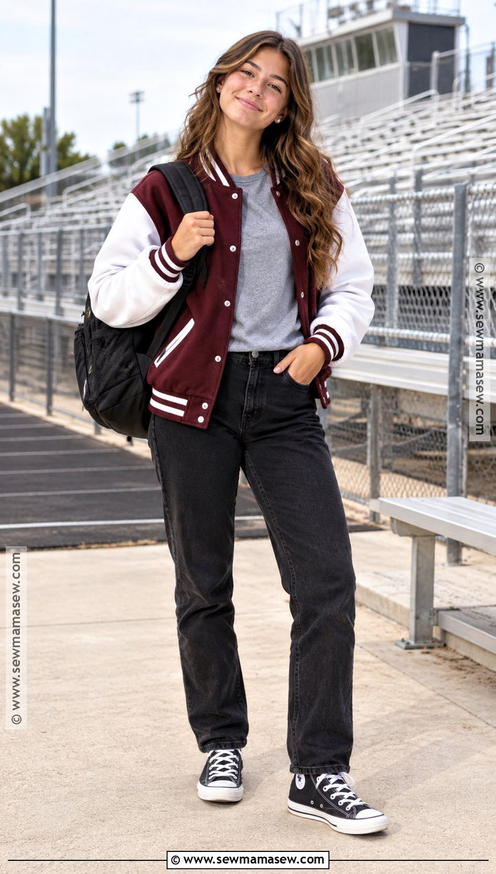 Senior Year Varsity Jacket And Black Jeans Outfit - 20 back to school outfits senior year
