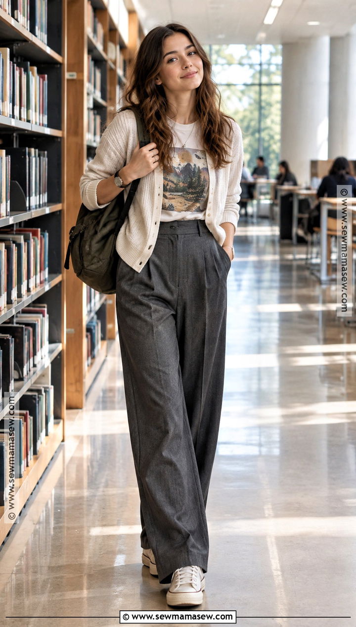 Senior Year Wide Leg Trousers And Graphic T Shirt Outfit - 20 Senior Year Back To School Outfit Ideas
