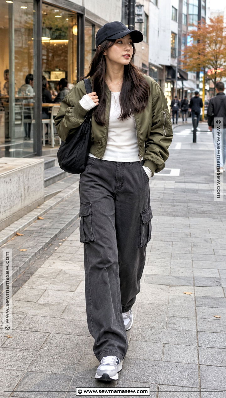Seoul Autumn Bomber Jacket And Cargo Pants Outfit - 20 Seoul Outfits Autumn