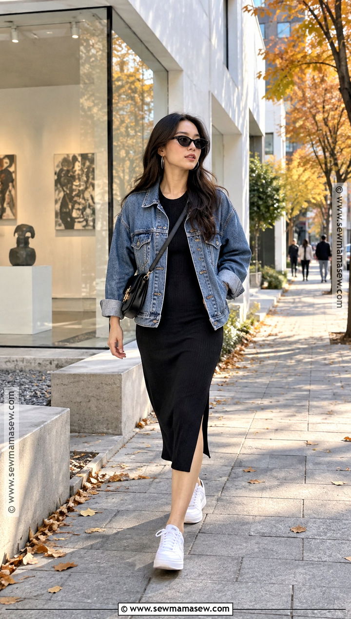 Seoul Autumn Denim Jacket And Midi Dress Outfit - 20 Seoul Outfits Autumn