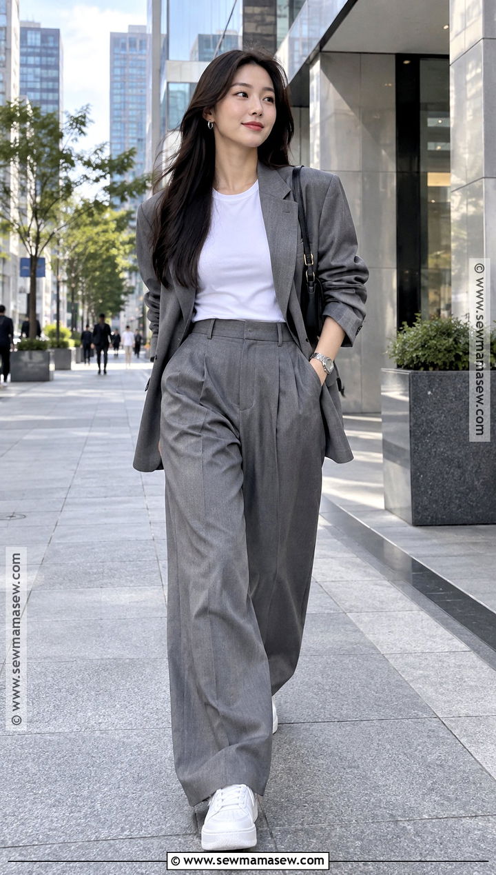 Seoul Autumn Gray Suit And Sneakers Outfit - 20 Seoul Outfits Autumn