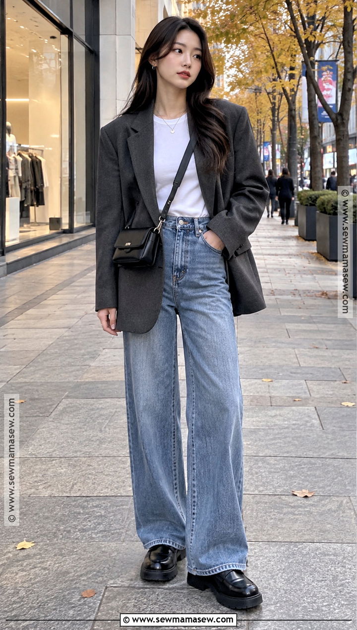 Seoul Autumn Oversized Blazer And Wide Leg Jeans Outfit - 20 Seoul Outfits Autumn