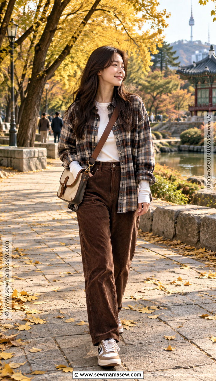 Seoul Autumn Plaid Shirt And Corduroy Pants Outfit - 20 Seoul Outfits Autumn