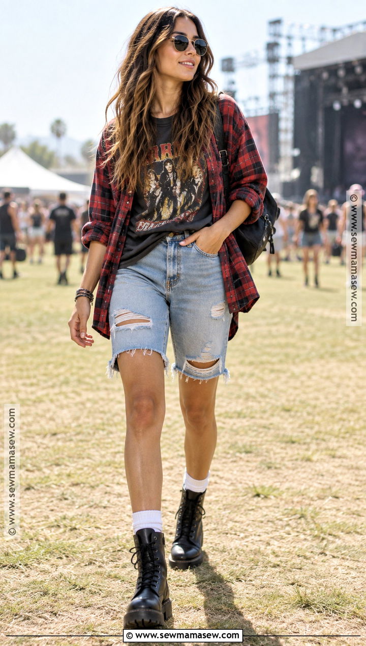 September Concert Outfit With Band Tee And Plaid Shirt - 20 September Concert Outfit Ideas
