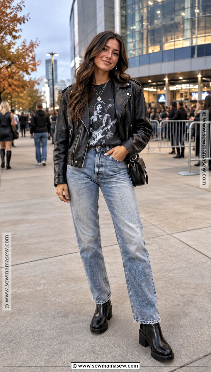 September Concert Outfit With Graphic Tee And Leather Jacket - 20 September Concert Outfit Ideas