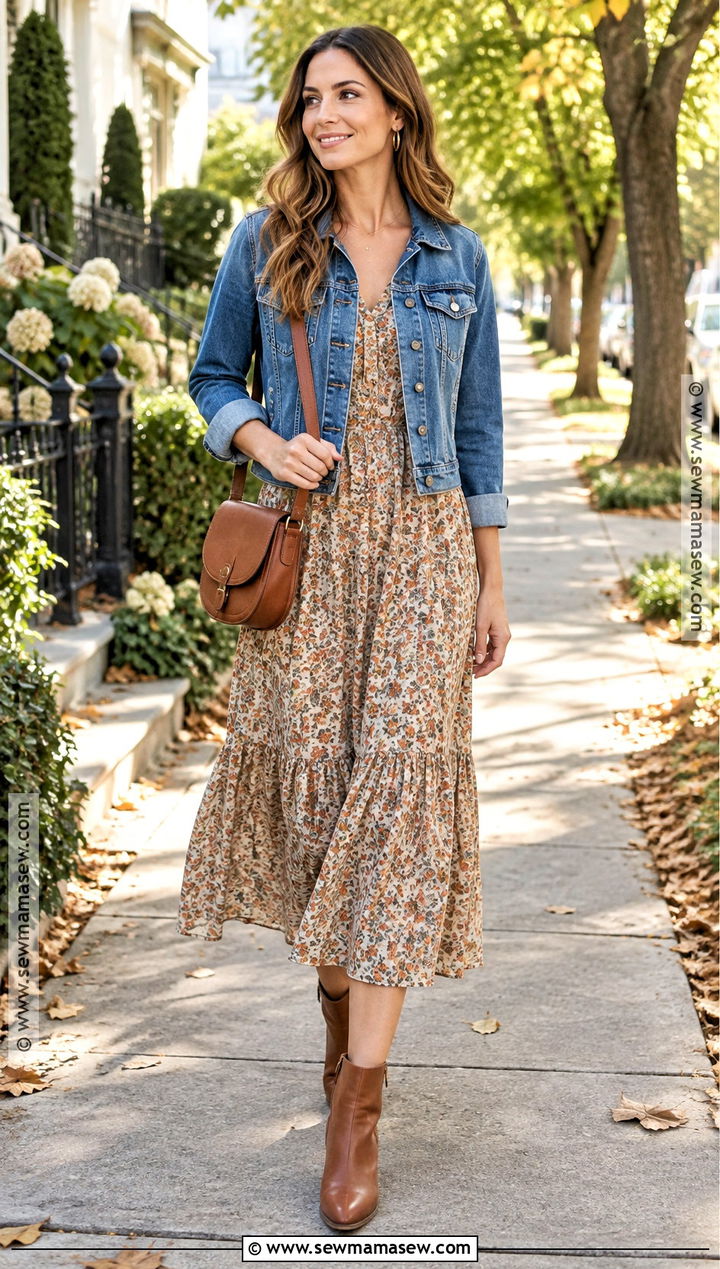 September Denim Jacket With Floral Midi Dress - 25 september style ideas