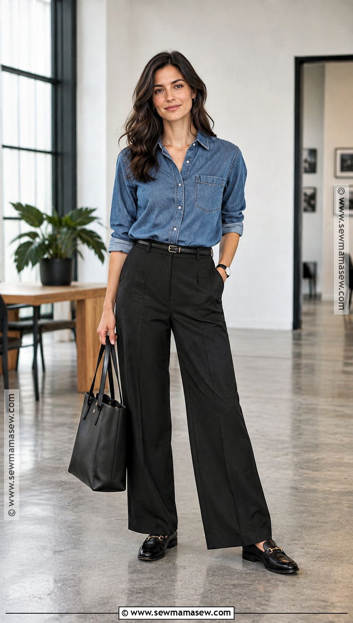September Denim Shirt And Black Trousers Outfit - 25 september outfit ideas