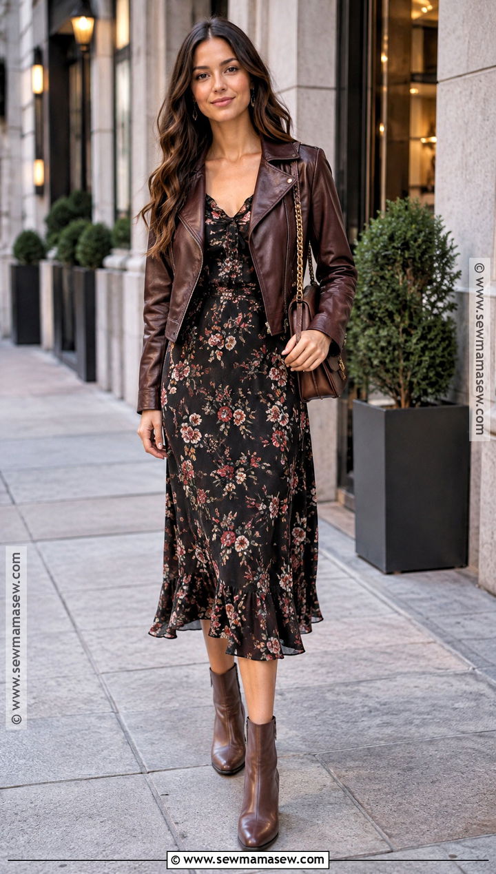 September Leather Jacket And Floral Dress Outfit - 25 september outfit ideas