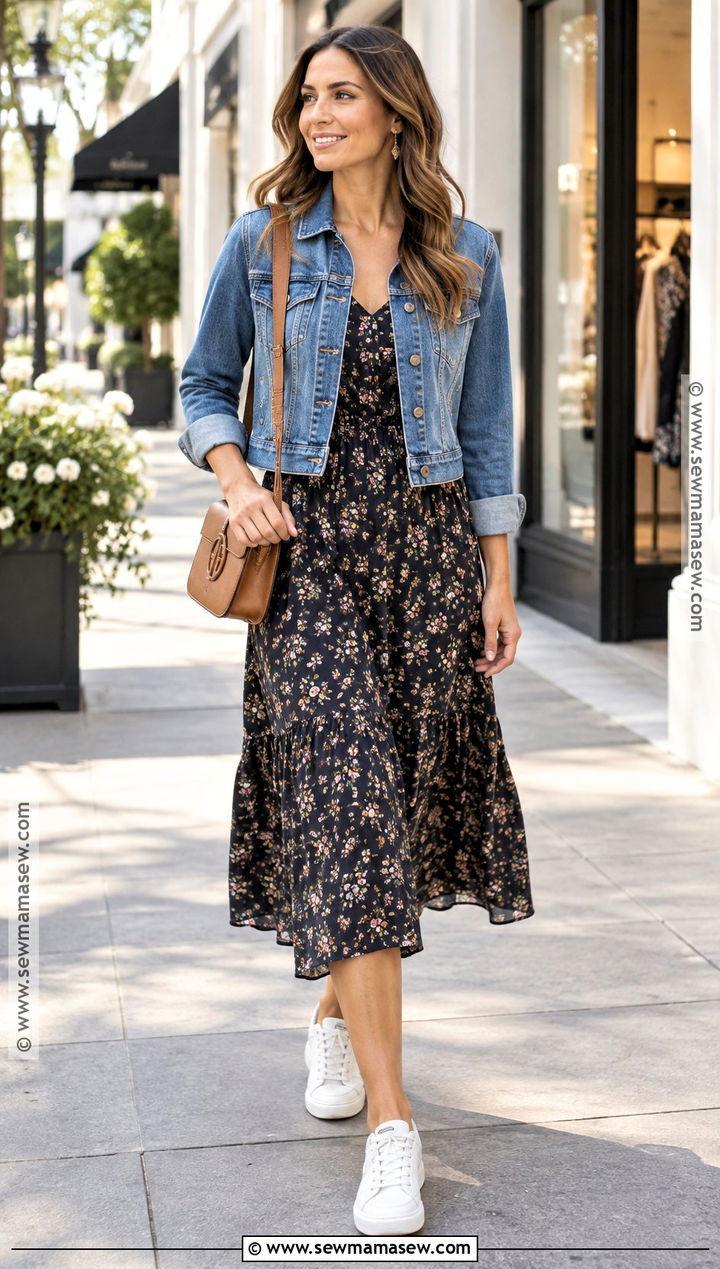 September Outfit With A Midi Dress And Denim Jacket - 20 Outfits For September